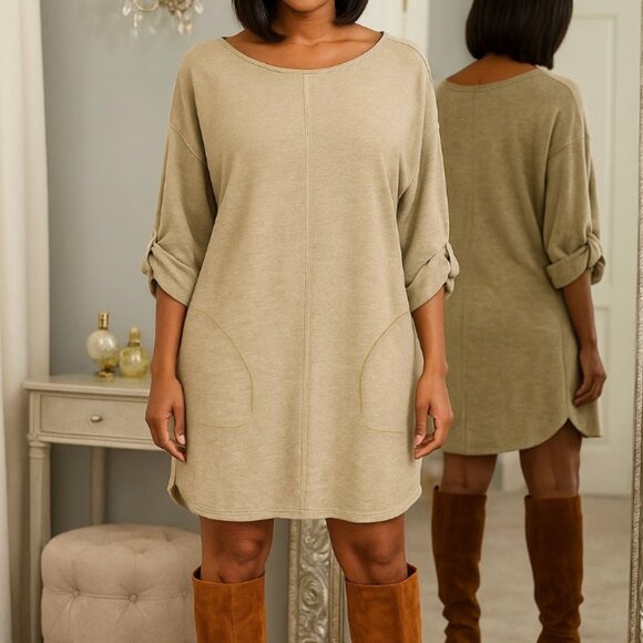 Max Studio Beige Double Knit Super Soft Sweatshirt Dress with Pockets Size Large - Picture 1 of 12